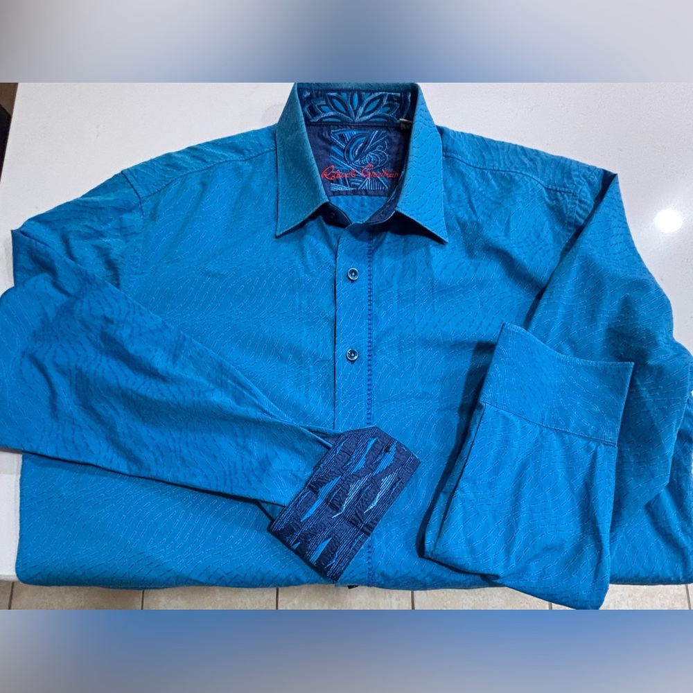 ROBERT GRAHAM Royal Blue Textured Button Down Shirt w/ Fun Cuffs Size XL